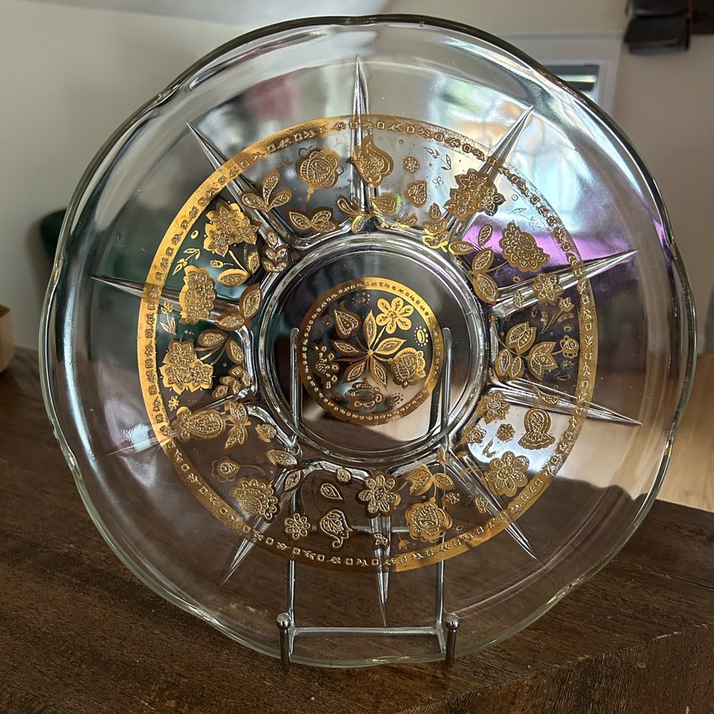 Vintage 1960's Culver Glass 22K Gold Embossed Cheese/Serving Plate, 11”